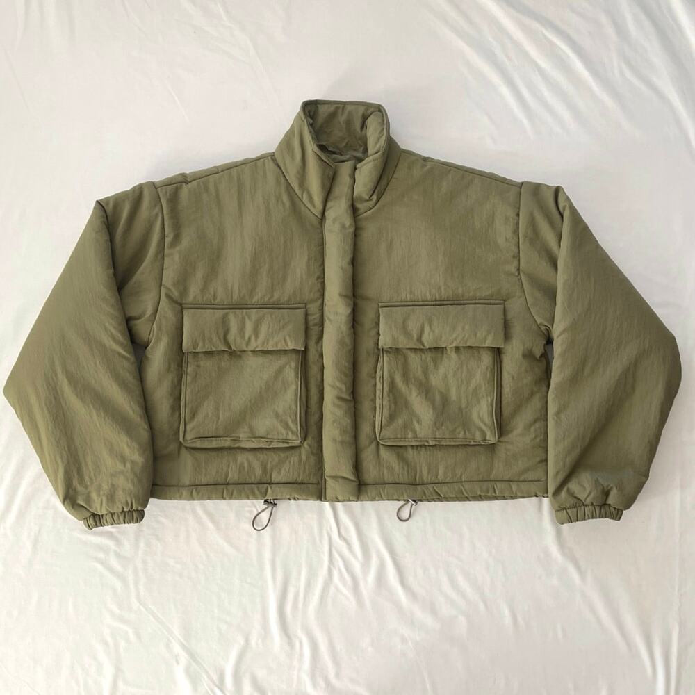 Ci Sono Cropped Padded Jacket Womens Size L Olive Green Cozy Pockets Zip Casual